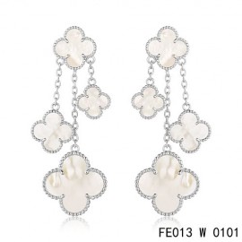 Van Cleef & Arpels White Gold Magic Alhambra Earrings White Mother of Pearl 4 Motifs
