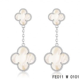 Van Cleef and Arpels White Gold Magic Alhambra 2 Motifs Earrings White Mother of Pearl