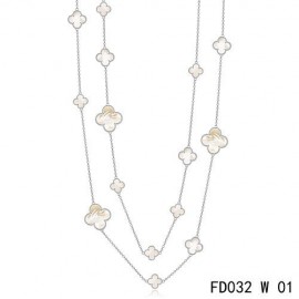 Van Cleef Arpels Replica Magic Alhambra Long Necklace White Gold 16 MOP Motifs