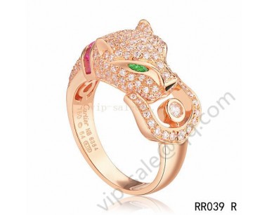 Cartier panther ring in pink gold with diamonds emeralds amethyst onyx