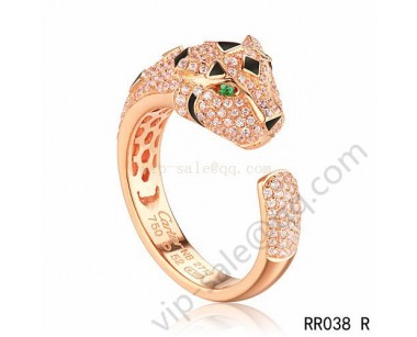 Cartier panther motif ring in pink gold with diamonds emerald