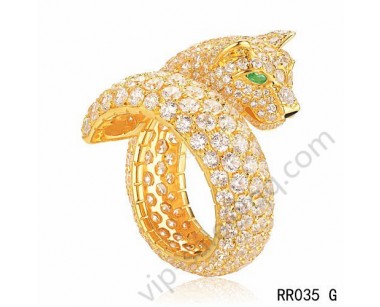 Cartier panther motif ring in yellow gold with diamonds emerald onyx