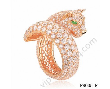 Cartier panther motif ring in pink gold with diamonds emerald onyx