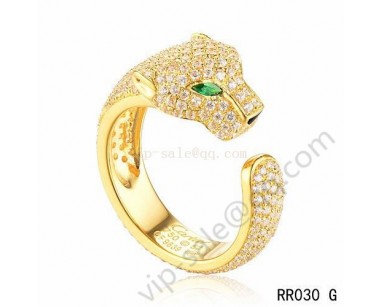 Cartier panthère ring in yellow gold with full diamond-paved and emeralds