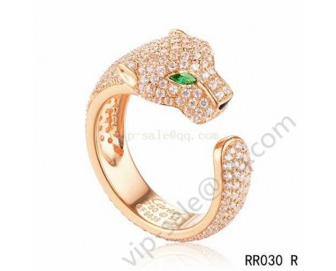 Cartier panthère ring in pink gold with full diamond-paved and emeralds
