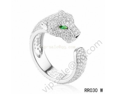 Cartier panthère ring in white gold with full diamond-paved and emeralds