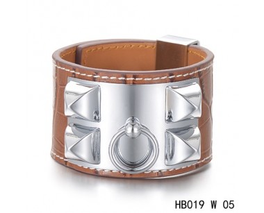 Hermes Collier de Chien iconic brown alligator leather bracelet in white gold  