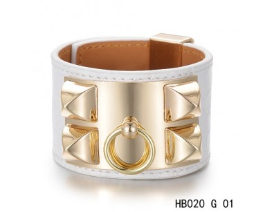 Hermes Collier de Chien iconic white alligator leather bracelet in yellow gold    