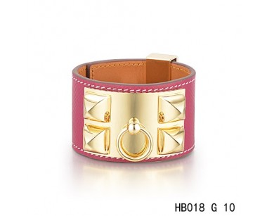 Hermes Collier de Chien  iconic Hot pink Epsom calfskin leather bracelet in yellow gold 