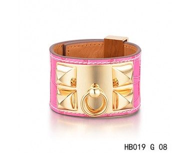Hermes Collier de Chien iconic pink alligator leather bracelet in yellow gold  