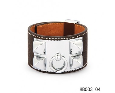Hermes Collier de Chien iconic dark brown epsom calfskin leather bracelet in white gold  