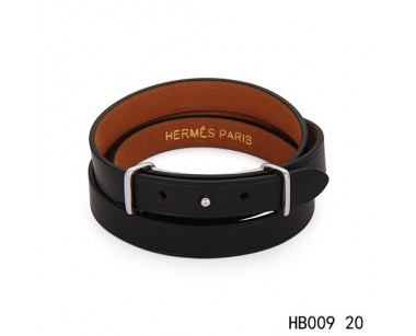 Hermes Behapi Double Tour black epsom calfskin leather bracelet in white gold 