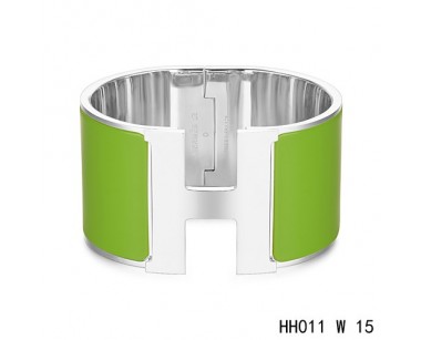 Hermes Clic H Extra-Large Bracelet / pine green enamel / white gold