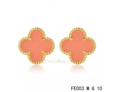 Van Cleef and Arpels Vintage Alhambra Clover yellow gold Earrings Pink Chalcedony