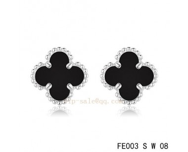 Van Cleef and Arpels Clover Onyx white gold earrings wholesale