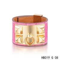 Hermes Collier de Chien iconic pink alligator leather bracelet in yellow gold  	
