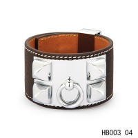 Hermes Collier de Chien iconic dark brown epsom calfskin leather bracelet in white gold  	