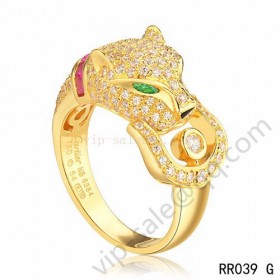 Cartier panther ring in yellow gold with diamonds emeralds amethyst onyx