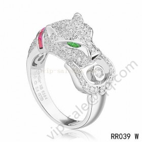 Cartier panther ring in white gold with diamonds emeralds amethyst onyx