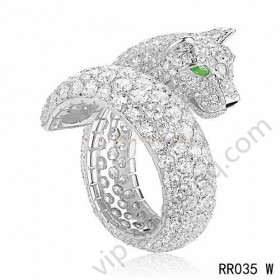 Cartier panther motif ring in white gold with diamonds emerald onyx