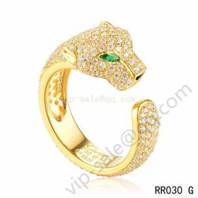 Cartier panthère ring in yellow gold with full diamond-paved and emeralds