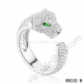 Cartier panthère ring in white gold with full diamond-paved and emeralds