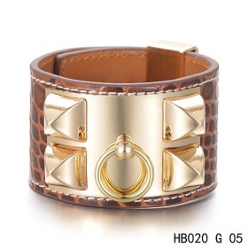 Hermes Collier de Chien iconic brown alligator leather bracelet in yellow gold 