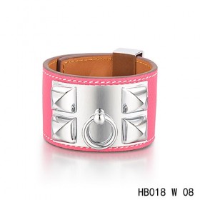 Hermes Collier de Chien  iconic pink epsom calfskin leather bracelet in white gold  