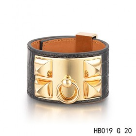 Hermes Collier de Chien iconic black alligator leather bracelet in yellow gold 