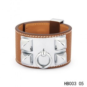 Hermes Collier de Chien iconic light brown epsom calfskin leather bracelet in white gold  