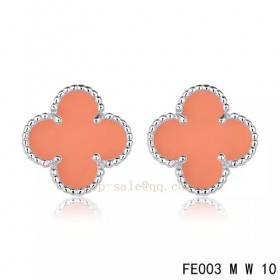 Van Cleef and Arpels Vintage Alhambra Clover white gold Earrings Pink Chalcedony