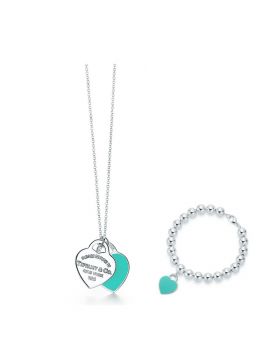 Return To Tiffany Imitation Double Heart Tag Pendant Necklace Blue Enamel Charm Bead Bracelet Jewelry Set GRP06366/GRP03577