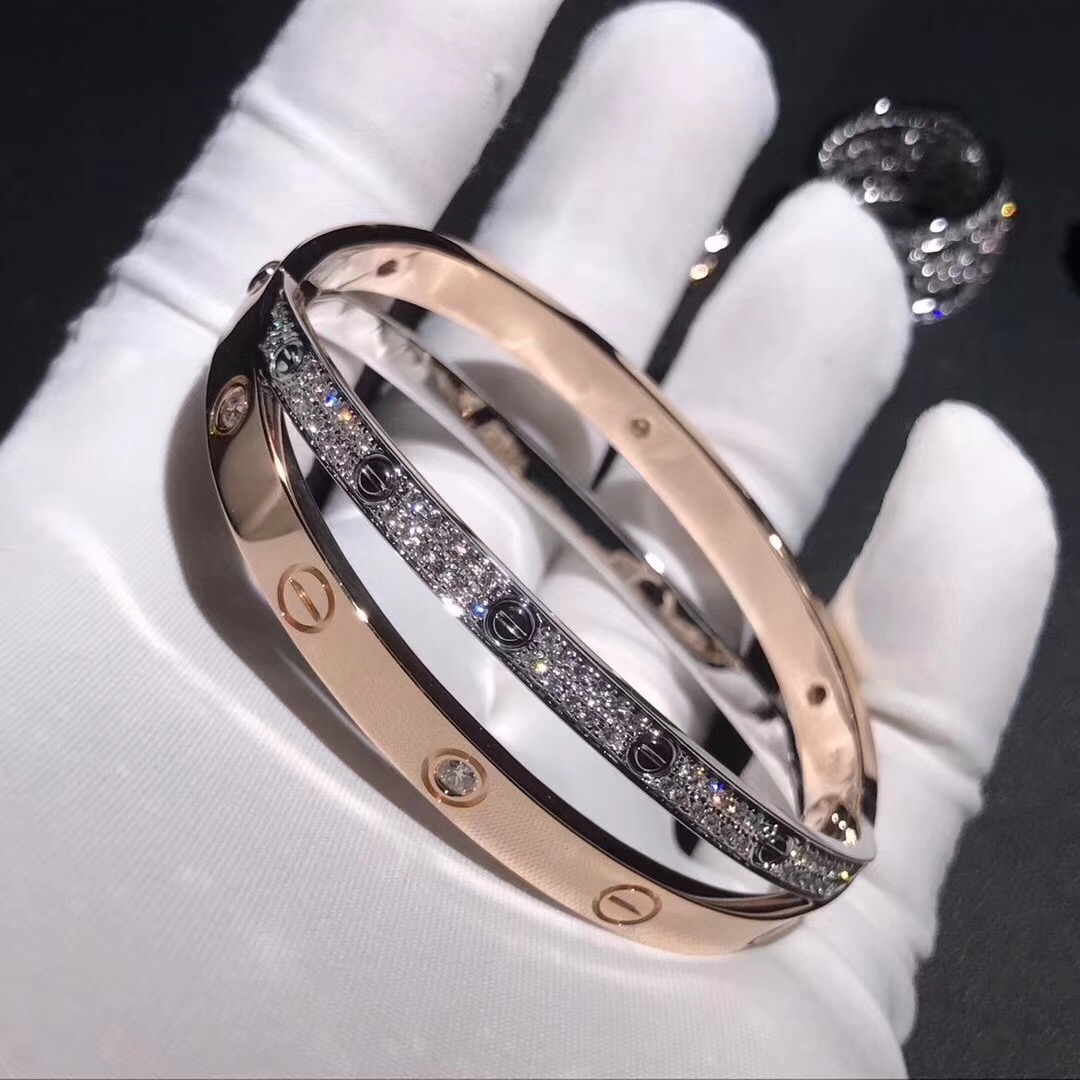 Solid 18k Gold Cartier Love Bracelet 18k Pink Gold 18k White Gold Set With 144 Brilliant Cut Diamonds Totaling 1 47 Carats Sold With A Screwdriver International Brand Replica Jewelry For Sale Make