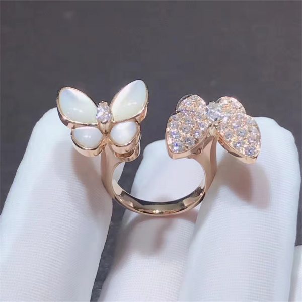 Two Butterfly Between the Finger ring, rose gold, white mother-of-pearl