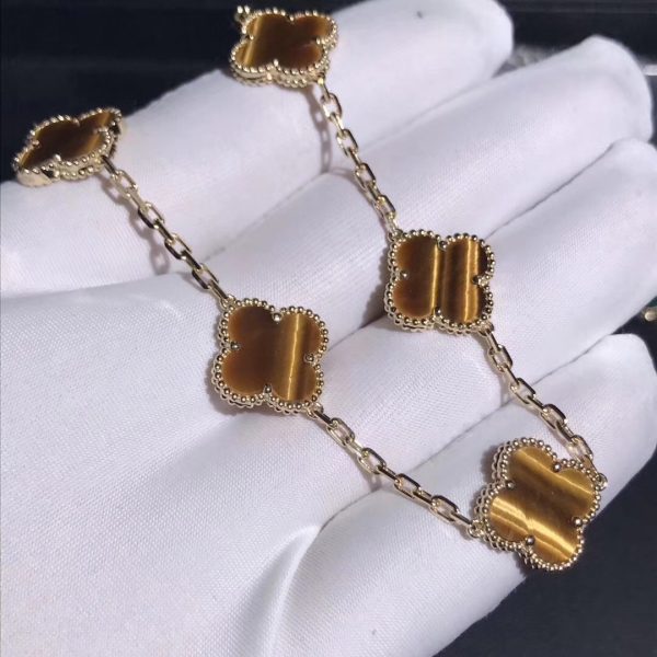 Vintage Alhambra bracelet, 5 motifs Yellow gold, Tiger Eye