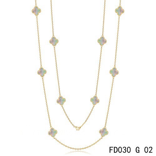 Van Cleef & Arpels Vintage Alhambra 10 Motifs Grey Mother of Pearl Long Necklace Yellow Gold