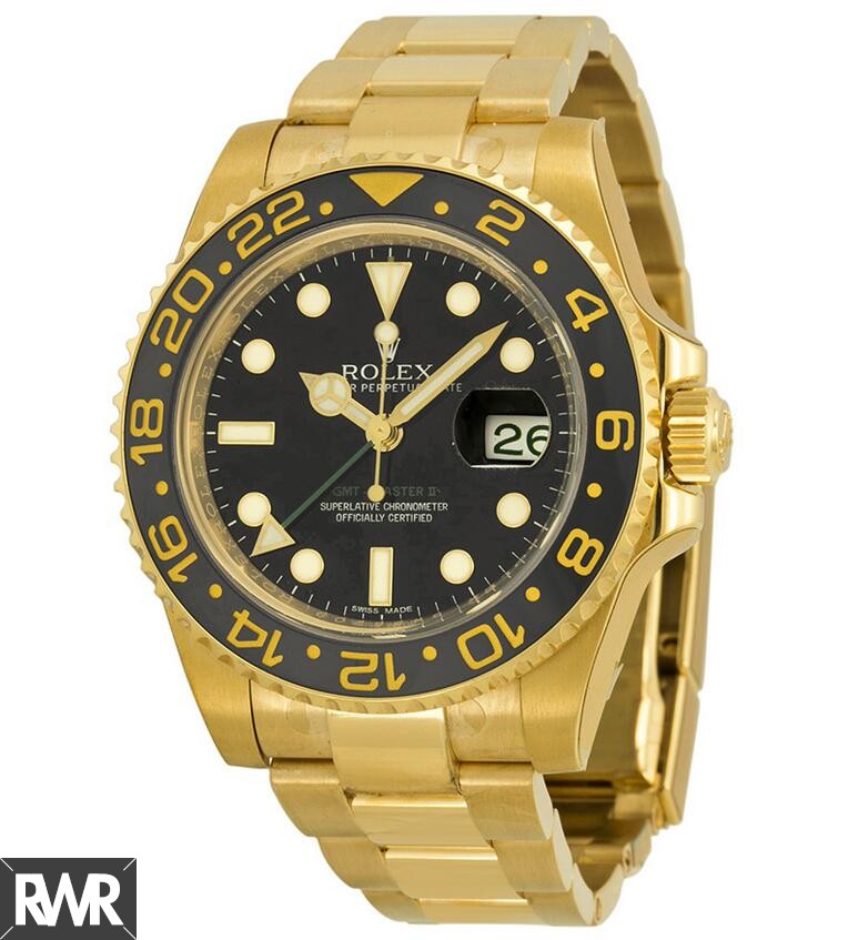 Replica Rolex GMT Master II Black Dial Oyster Bracelet 18kt Yellow Gold 116718BKSO