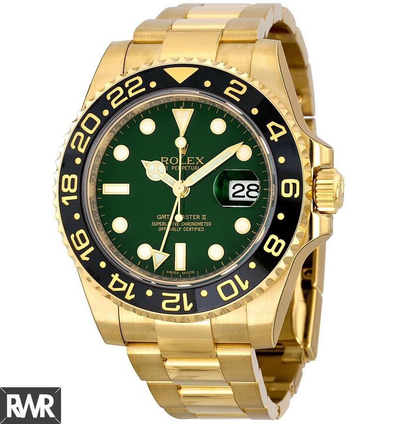 Replica Rolex GMT Master II Green Dial Oyster Bracelet 18k Yellow Gold 116718GSO