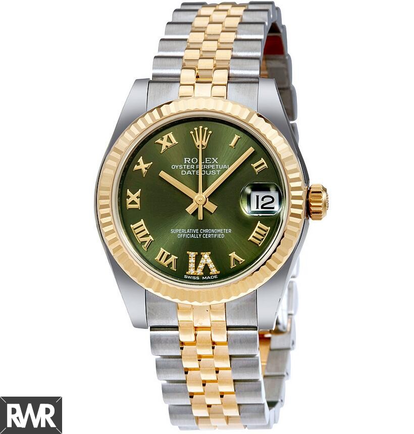 imitation Rolex Datejust 31 Green Roman Numeral Diamond Dial Steel and 18K Yellow Gold 178273GNRDJ