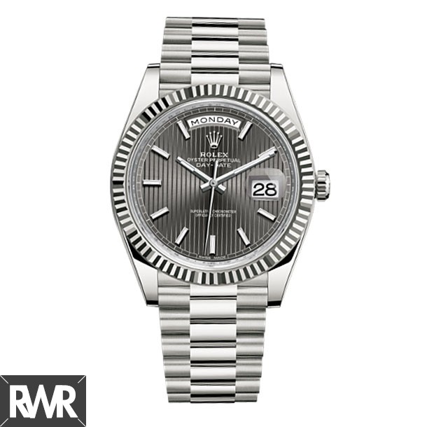 Replica Rolex Day-Date 40 Dark Rhodium Stripe motif Dial 18K White Gold Watch