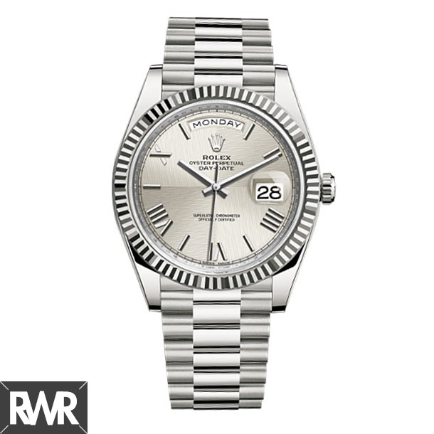 Replica Rolex Day-Date 40 Silver Quadrant Dial 18K White Gold Automatic Mens Watch