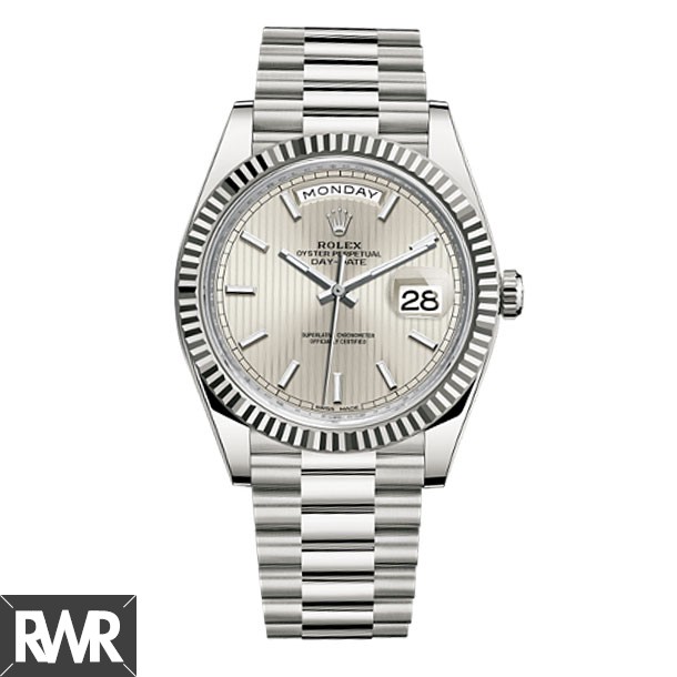 Replica Rolex Day-Date 40 Silver Stripe Motif Dial 18K White Gold Watch