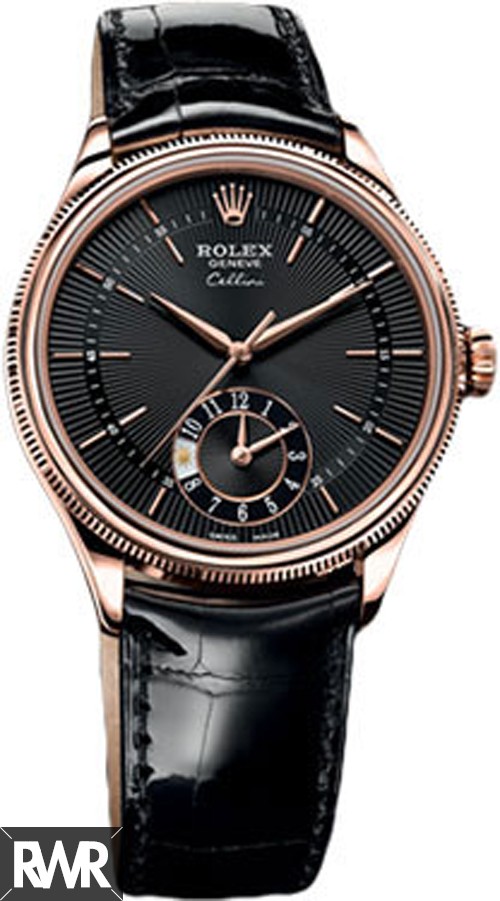Rolex Cellini Dual Time Everose Gold Black Guilloche Dial Watch 50525  Fake