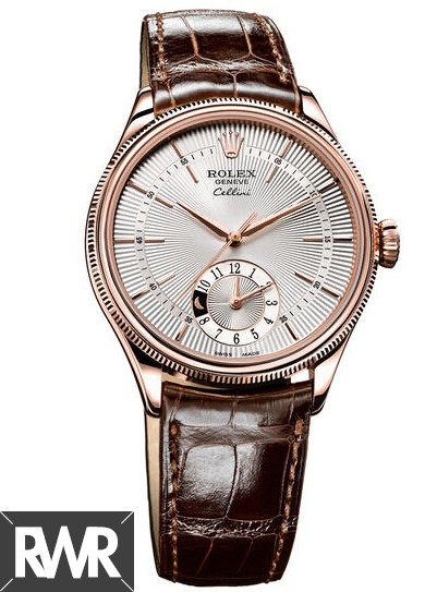 Rolex Cellini Dual Time Everose Gold Silver Guilloche Dial Watch 50525 Fake