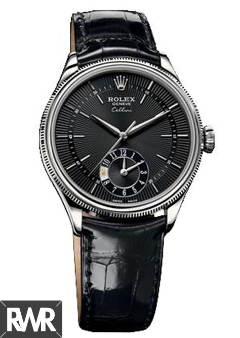 Rolex Cellini Dual Time White Gold Black Guilloche Dial Watch 50529  Fake