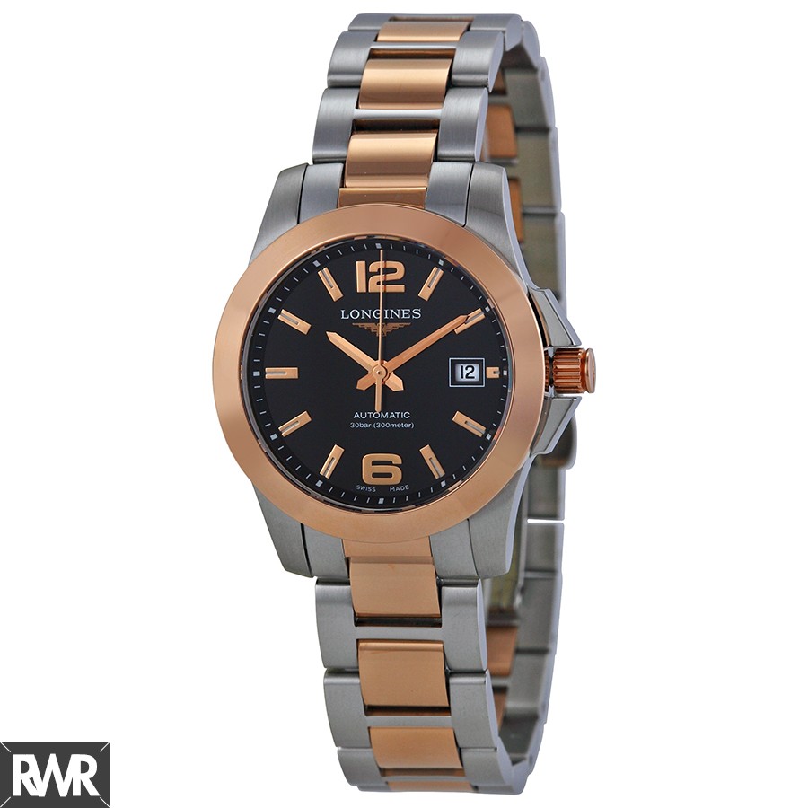 Longines Conquest Black Dial Steel and Rose Gold Automatic Ladies Watch L3.276.5.56.7 Replica