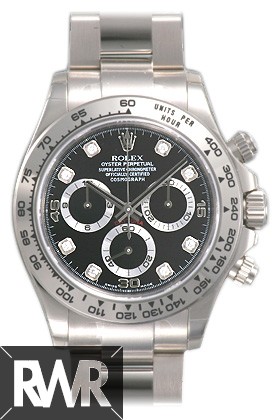 Replica Rolex Daytona Black Diamond Oyster Bracelet 18k White Gold Watch  116509BKDO