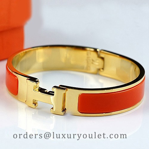 Hermes Clic H Narrow Bracelet Orange Enamel and Yellow Gold