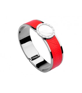 Bulgari-Bvlgari Wide Band Bangle in Steel and Red Leather with M