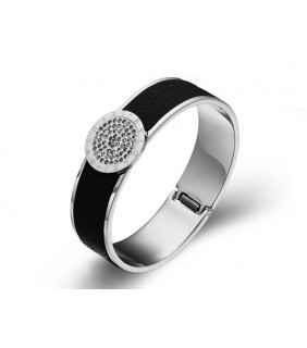 Bvlgari Black Leather Bangle in 18kt White Gold with Paved Diamo
